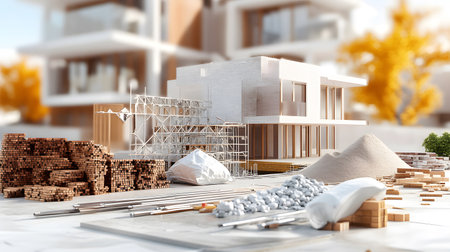 Set of construction materials including bricks, steel, wood, and cement. architecture and building use.の写真素材