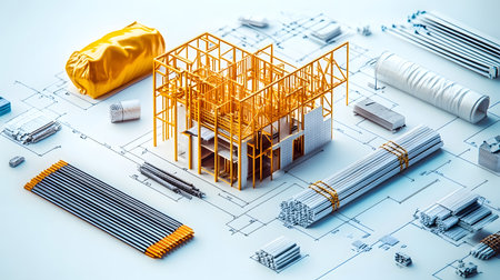 Set of construction materials including bricks, steel, wood, and cement. architecture and building use.の写真素材