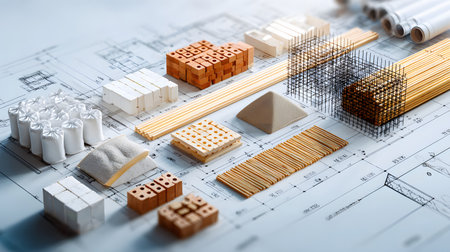 Set of construction materials including bricks, steel, wood, and cement. architecture and building use.の写真素材