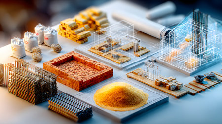 Set of construction materials including bricks, steel, wood, and cement. architecture and building use.の写真素材