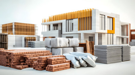 Set of construction materials including bricks, steel, wood, and cement. architecture and building use.の写真素材