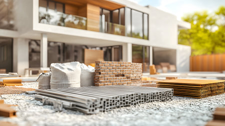 Set of construction materials including bricks, steel, wood, and cement. architecture and building use.の写真素材