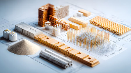 Set of construction materials including bricks, steel, wood, and cement. architecture and building use.の写真素材