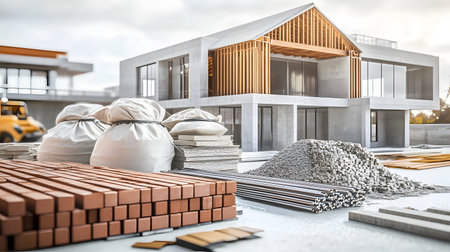 Set of construction materials including bricks, steel, wood, and cement. architecture and building use.の写真素材