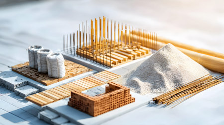 Set of construction materials including bricks, steel, wood, and cement. architecture and building...