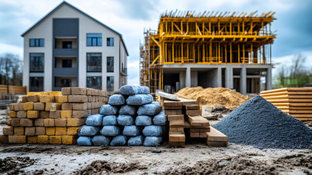 Set of construction materials including bricks, steel, wood, and cement. architecture and building use.の写真素材