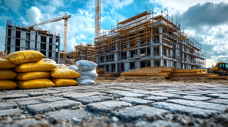 Set of construction materials including bricks, steel, wood, and cement. architecture and building use.の写真素材