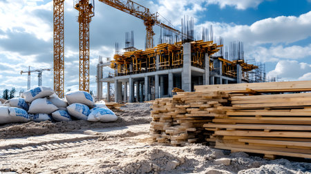 Set of construction materials including bricks, steel, wood, and cement. architecture and building use.の写真素材