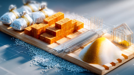 Set of construction materials including bricks, steel, wood, and cement. architecture and building...