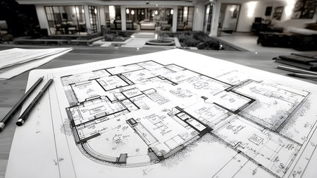 Technical construction blueprint in black and white lines. plan for building architecture and engineering design.の写真素材