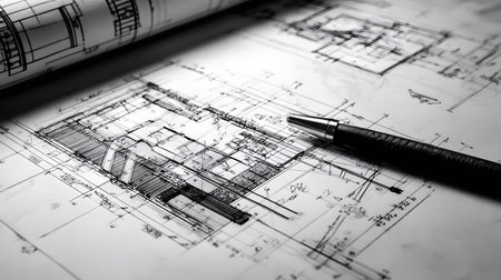 Technical construction blueprint in black and white lines. plan for building architecture and engineering design.の写真素材