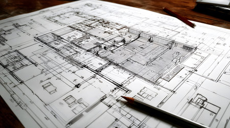 Technical construction blueprint in black and white lines. plan for building architecture and...