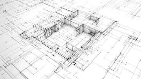 Technical construction blueprint in black and white lines. plan for building architecture and...