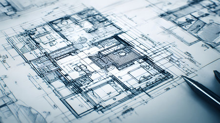 Technical construction blueprint in black and white lines. plan for building architecture and engineering design.の写真素材