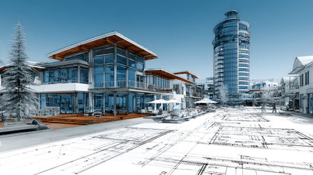 Technical construction blueprint in black and white lines. plan for building architecture and...