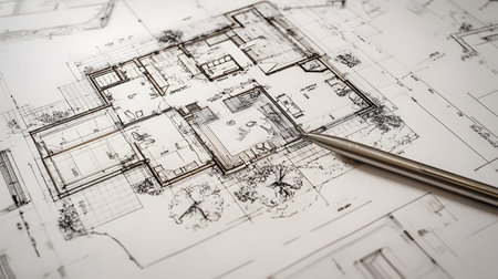 Technical construction blueprint in black and white lines. plan for building architecture and engineering design.の写真素材