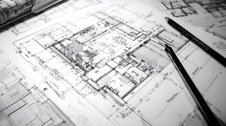 Technical construction blueprint in black and white lines. plan for building architecture and engineering design.の写真素材