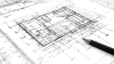 Technical construction blueprint in black and white lines. plan for building architecture and...