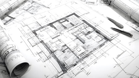 Technical construction blueprint in black and white lines. plan for building architecture and...