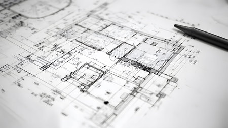 Technical construction blueprint in black and white lines. plan for building architecture and...