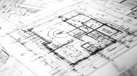 Technical construction blueprint in black and white lines. plan for building architecture and...