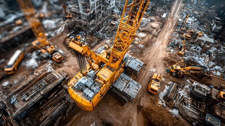 Construction site with crane, excavator, and scaffolding. design for building and development projects top view.の写真素材