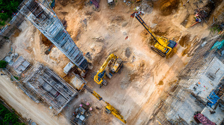 Construction site with crane, excavator, and scaffolding. design for building and development...