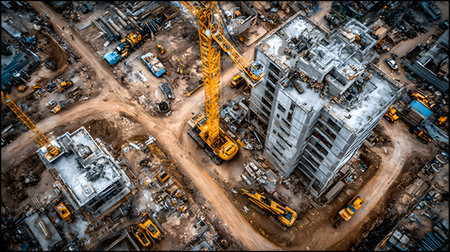 Construction site with crane, excavator, and scaffolding. design for building and development projects top view.の写真素材