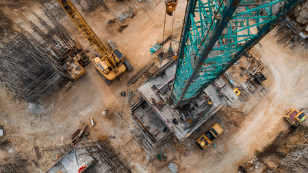 Construction site with crane, excavator, and scaffolding. design for building and development projects top view.の写真素材