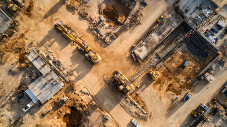 Construction site with crane, excavator, and scaffolding. design for building and development projects top view.の写真素材