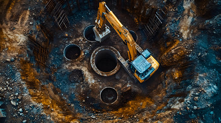 Construction site with crane, excavator, and scaffolding. design for building and development projects top view.の写真素材
