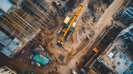 Construction site with crane, excavator, and scaffolding. design for building and development projects top view.の写真素材
