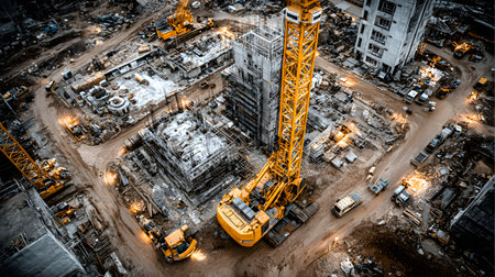 Construction site with crane, excavator, and scaffolding. design for building and development projects top view.の写真素材