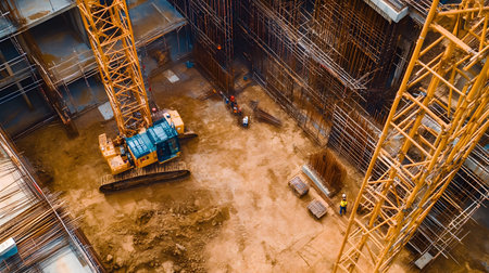 Construction site with crane, excavator, and scaffolding. design for building and development...