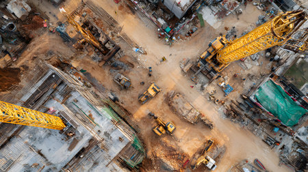 Construction site with crane, excavator, and scaffolding. design for building and development projects top view.の写真素材