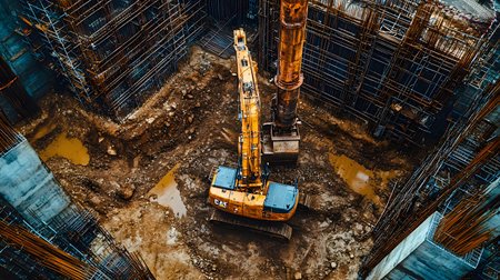 Construction site with crane, excavator, and scaffolding. design for building and development...
