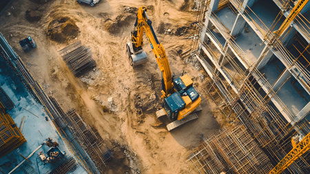 Construction site with crane, excavator, and scaffolding. design for building and development projects top view.の写真素材