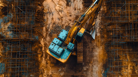 Construction site with crane, excavator, and scaffolding. design for building and development projects top view.の写真素材