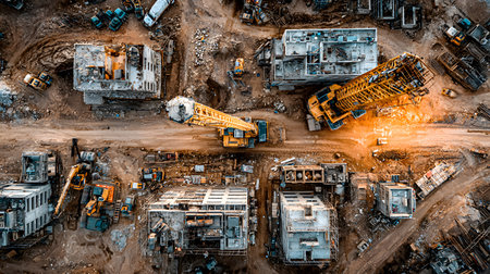 Construction site with crane, excavator, and scaffolding. design for building and development projects top view.の写真素材