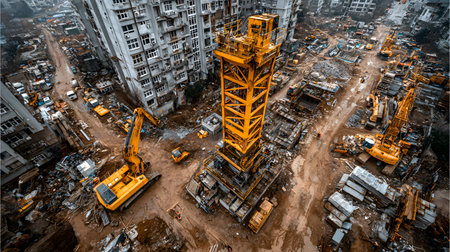 Construction site with crane, excavator, and scaffolding. design for building and development...