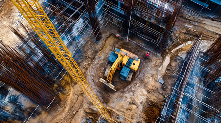 Construction site with crane, excavator, and scaffolding. design for building and development...