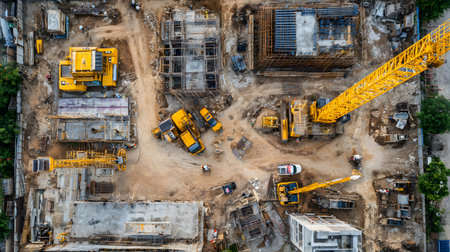 Construction site with crane, excavator, and scaffolding. design for building and development projects top view.の写真素材