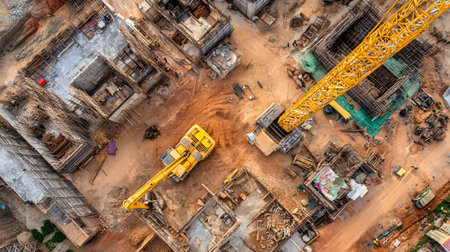 Construction site with crane, excavator, and scaffolding. design for building and development...