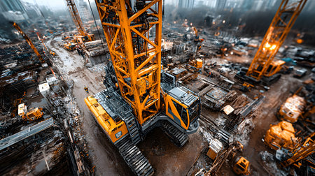 Construction site with crane, excavator, and scaffolding. design for building and development projects top view.の写真素材