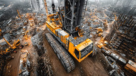 Construction site with crane, excavator, and scaffolding. design for building and development...
