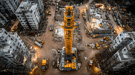 Construction site with crane, excavator, and scaffolding. design for building and development projects top view.の写真素材