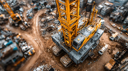 Construction site with crane, excavator, and scaffolding. design for building and development projects top view.の写真素材
