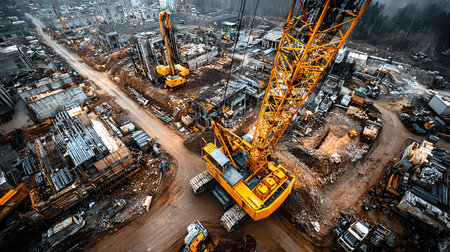 Construction site with crane, excavator, and scaffolding. design for building and development...
