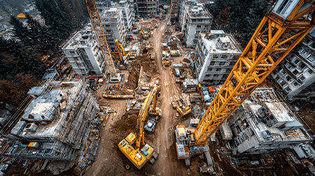 Construction site with crane, excavator, and scaffolding. design for building and development projects top view.の写真素材