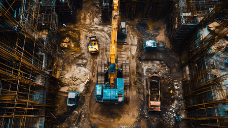 Construction site with crane, excavator, and scaffolding. design for building and development...